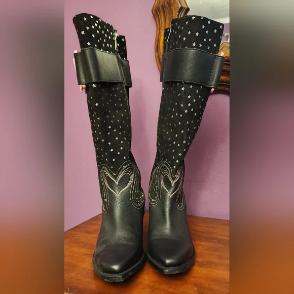 John Fluevog Autry Kay Tall Western Boots in Black Stars - Picture 3 of 13